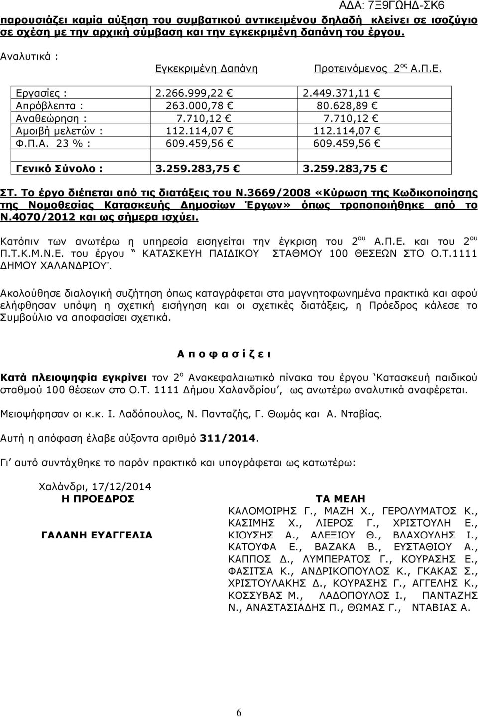 259.283,75 3.259.283,75 ΣΤ. Το έργο διέπεται από τις διατάξεις του Ν.3669/2008 «Κύρωση της Κωδικοποίησης της Νοµοθεσίας Κατασκευής ηµοσίων Έργων» όπως τροποποιήθηκε από το Ν.