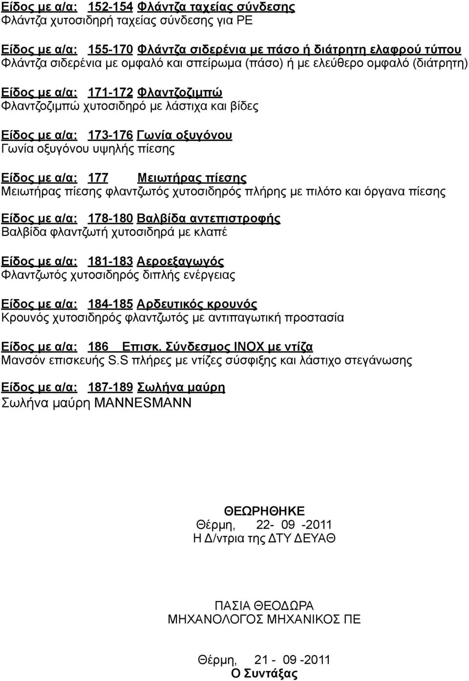 µε α/α: 177 Μειωτήρας πίεσης Μειωτήρας πίεσης φλαντζωτός χυτοσιδηρός πλήρης µε πιλότο και όργανα πίεσης Είδος µε α/α: 178-180 Βαλβίδα αντεπιστροφής Βαλβίδα φλαντζωτή χυτοσιδηρά µε κλαπέ Είδος µε α/α: