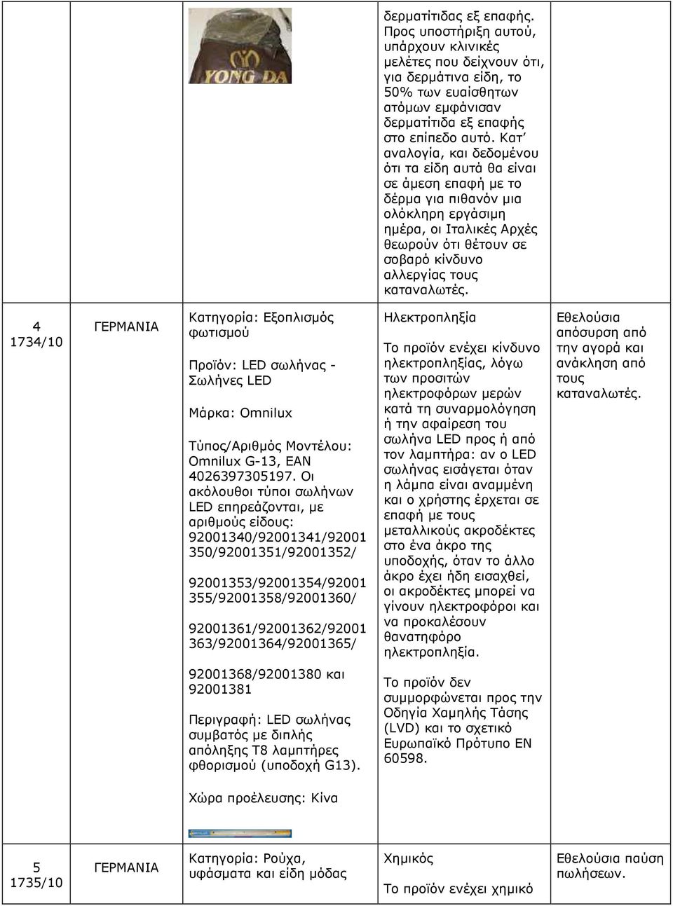 καταναλωτές. 4 1734/10 ΓΕΡΜΑΝΙΑ Κατηγορία: Εξοπλισµός φωτισµού Προϊόν: LED σωλήνας - Σωλήνες LED Μάρκα: Omnilux Omnilux G-13, EAN 4026397305197.