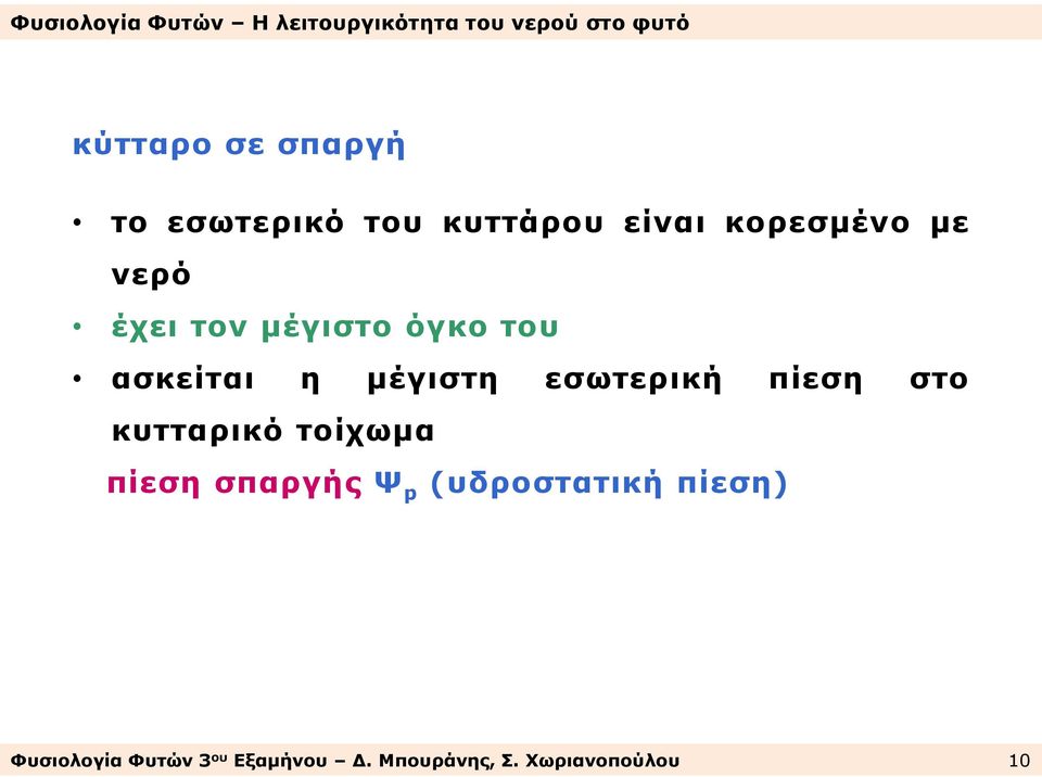 πίεση στο κυτταρικό τοίχωμα πίεση σπαργής Ψ p (υδροστατική