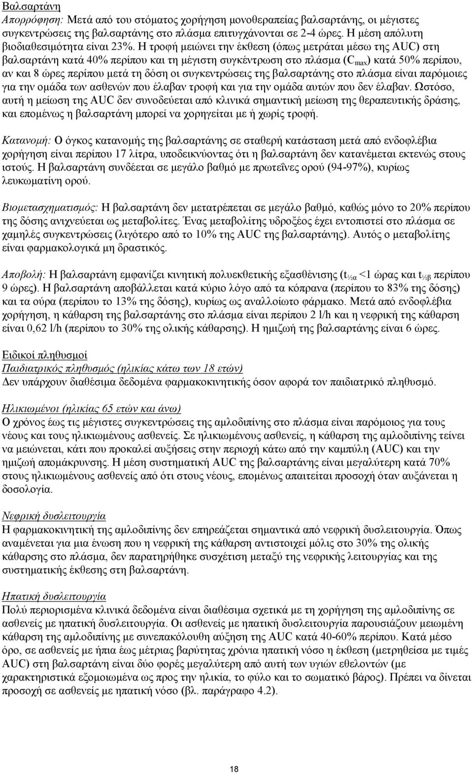 Η τροφή μειώνει την έκθεση (όπως μετράται μέσω της AUC) στη βαλσαρτάνη κατά 40% περίπου και τη μέγιστη συγκέντρωση στο πλάσμα (C max ) κατά 50% περίπου, αν και 8 ώρες περίπου μετά τη δόση οι