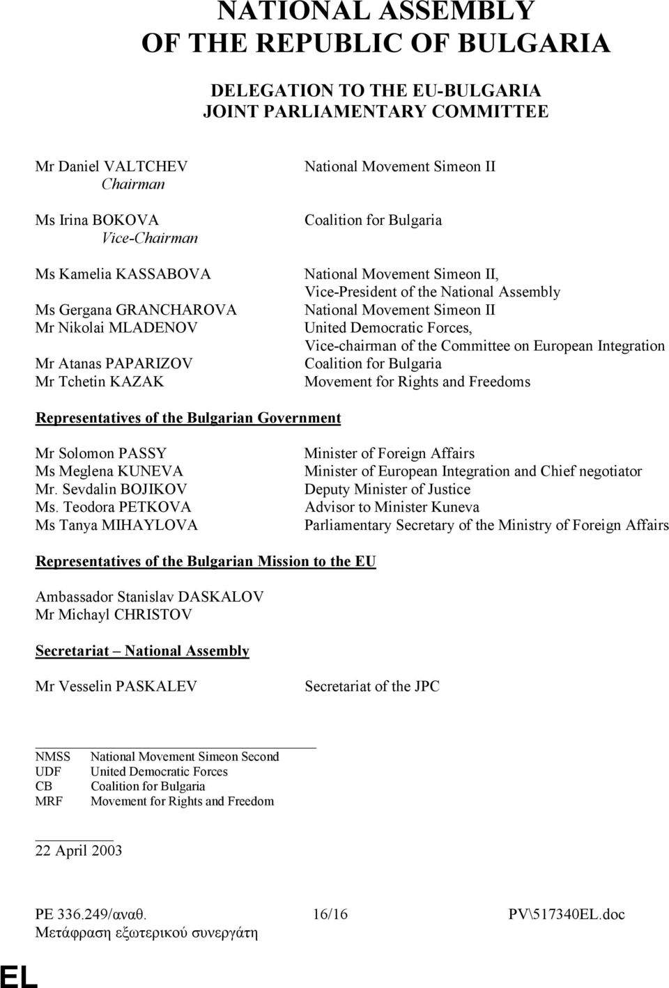 Movement Simeon II United Democratic Forces, Vice-chairman of the Committee on European Integration Coalition for Bulgaria Movement for Rights and Freedoms Representatives of the Bulgarian Government