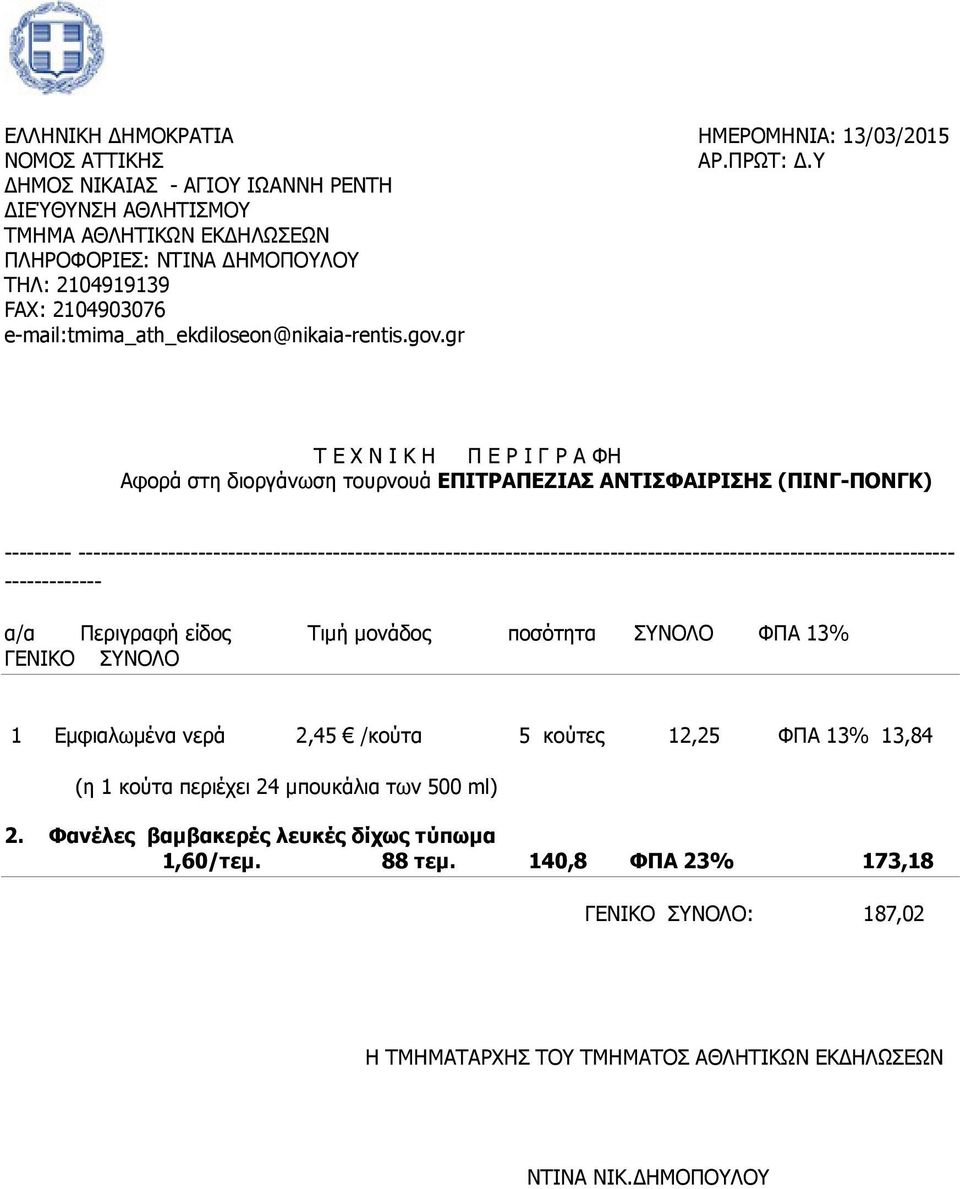 είδος Τιµή µονάδος ποσότητα ΣΥΝΟΛΟ ΦΠΑ 13% ΓΕΝΙΚΟ ΣΥΝΟΛΟ 1 Εµφιαλωµένα νερά 2,45 /κούτα 5 κούτες 12,25 ΦΠΑ 13% 13,84 (η 1 κούτα περιέχει 24