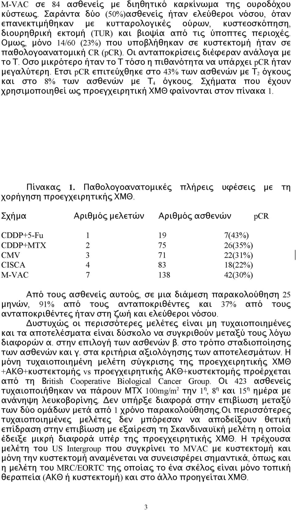 Ομως, μόνο 14/60 (23%) που υποβλήθηκαν σε κυστεκτομή ήταν σε παθολογοανατομική CR (pcr). Οι ανταποκρίσεις διέφεραν ανάλογα με το Τ.