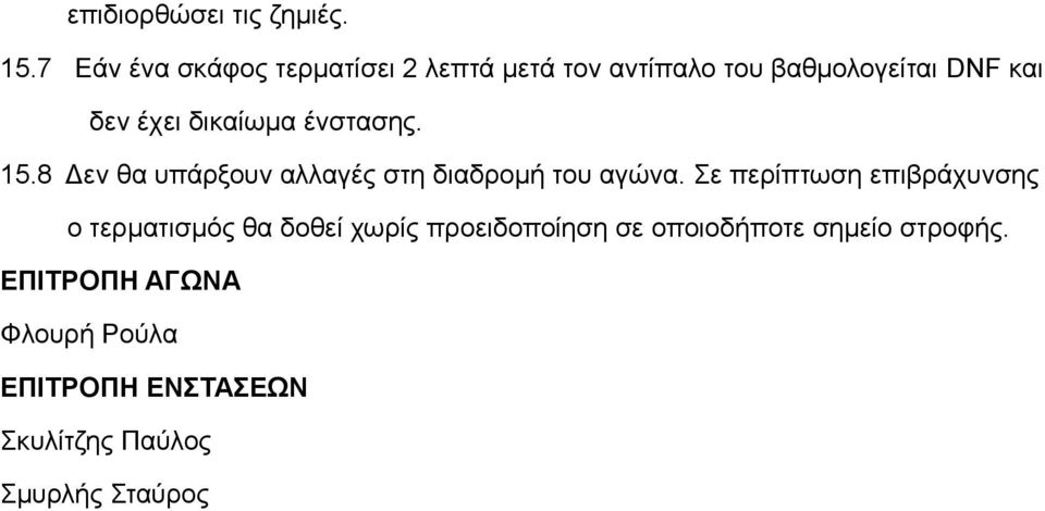 δικαίωμα ένστασης. 15.8 Δεν θα υπάρξουν αλλαγές στη διαδρομή του αγώνα.