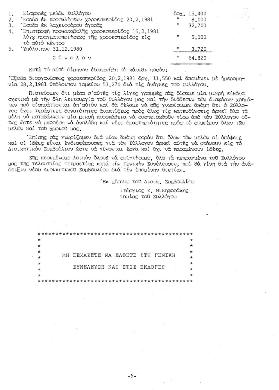 550 καί Απομένει μέ ήμερομηνία 28.2.1981 ύπόλοιπον Ταμείου 53.