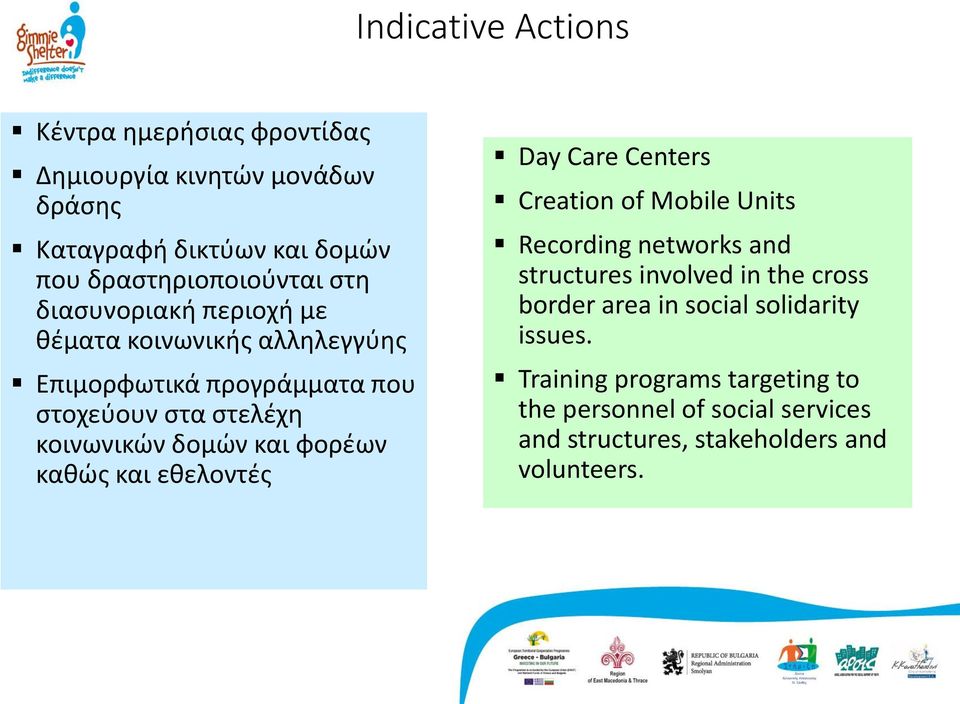 φορέων καθώς και εθελοντές Day Care Centers Creation of Mobile Units Recording networks and structures involved in the cross border