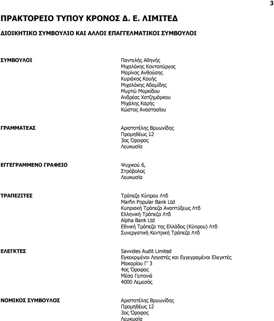 Χατζημάρκου Μιχάλης Καρής Κώστας Αναστασίου ΓΡΑΜΜΑΤΕΑΣ Αριστoτέλης Βρυωvίδης Προμηθέως 12 3ος Όροφος Λευκωσία ΕΓΓΕΓΡΑΜΜΕΝΟ ΓΡΑΦΕIΟ Ψυχικού 6, Στρόβολος Λευκωσία ΤΡΑΠΕΖIΤΕΣ Τράπεζα Κύπρoυ Λτδ