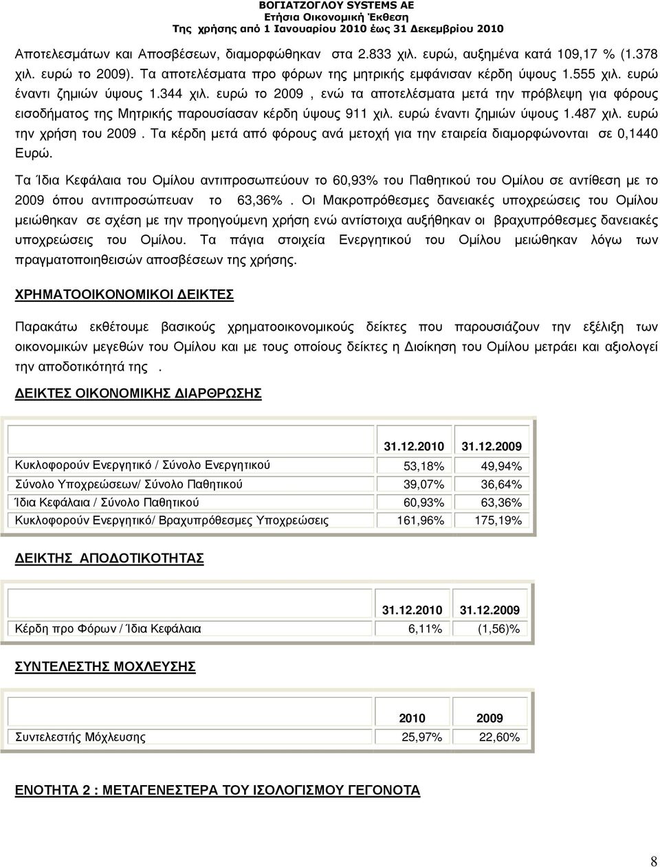 ευρώ την χρήση του 2009. Τα κέρδη µετά από φόρους ανά µετοχή για την εταιρεία διαµορφώνονται σε 0,1440 Ευρώ.