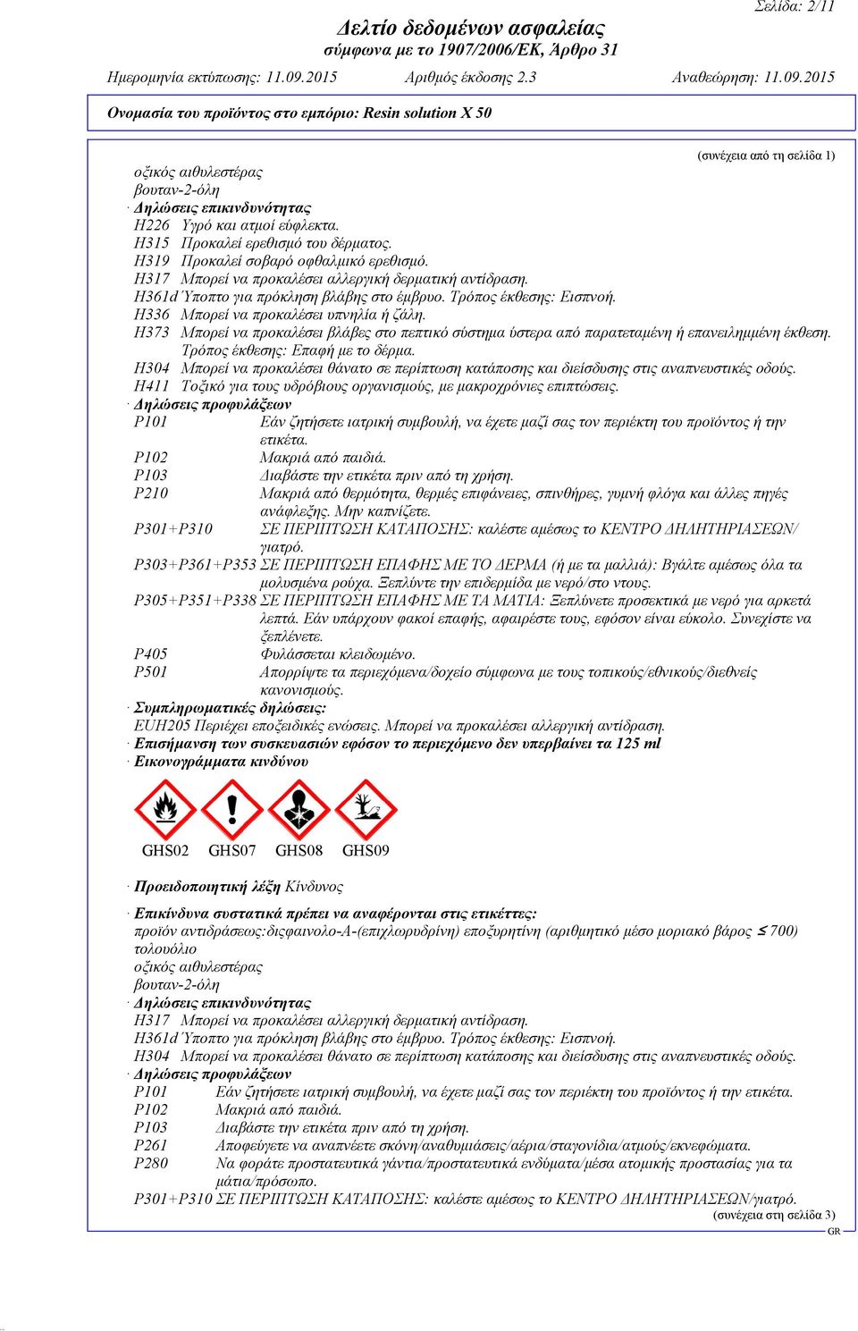 H336 Μπορεί να προκαλέσει υπνηλία ή ζάλη. H373 Μπορεί να προκαλέσει βλάβες στο πεπτικό σύστημα ύστερα από παρατεταμένη ή επανειλημμένη έκθεση. Τρόπος έκθεσης: Επαφή με το δέρμα.