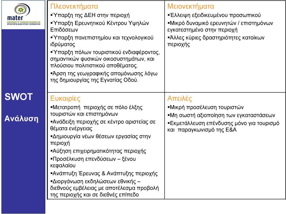 Ευκαιρίες Μετατροπή περιοχής σε πόλο έλξης τουριστών και επιστηµόνων Ανάδειξη περιοχής σε κέντρο αριστείας σε θέµατα ενέργειας ηµιουργία νέων θέσεων εργασίας στην περιοχή Αύξηση επιχειρηµατικότητας