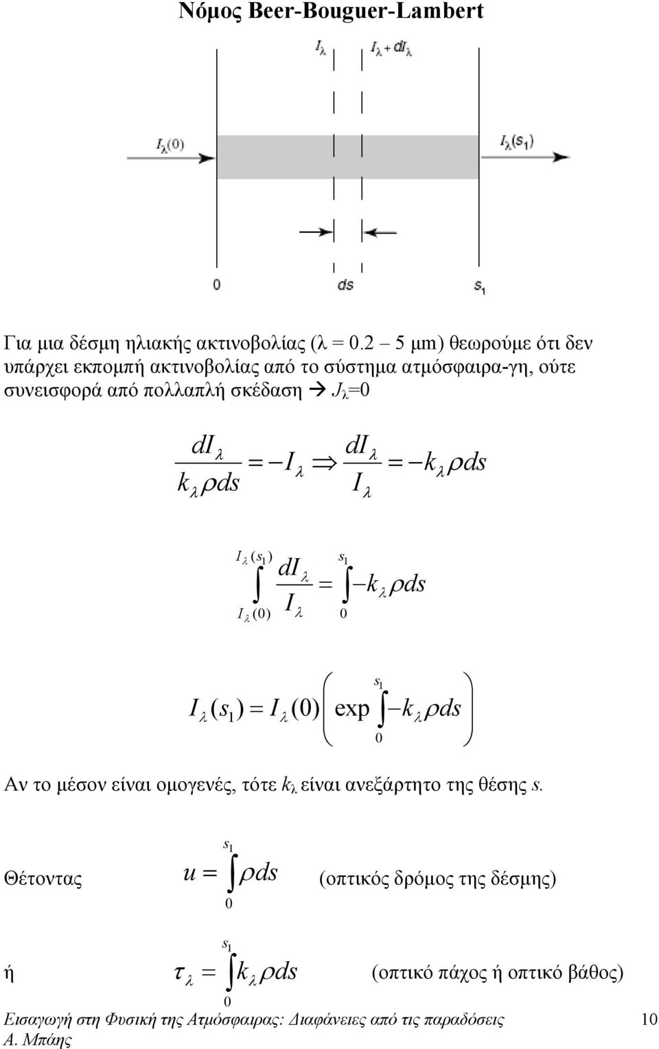 σκέδαση J =0 di di = I = kρds k ρds I I ( s ) s di 1 1 I = k I (0) 0 ρds s1 I( s1 ) = I(0) exp kρds 0 Αν το