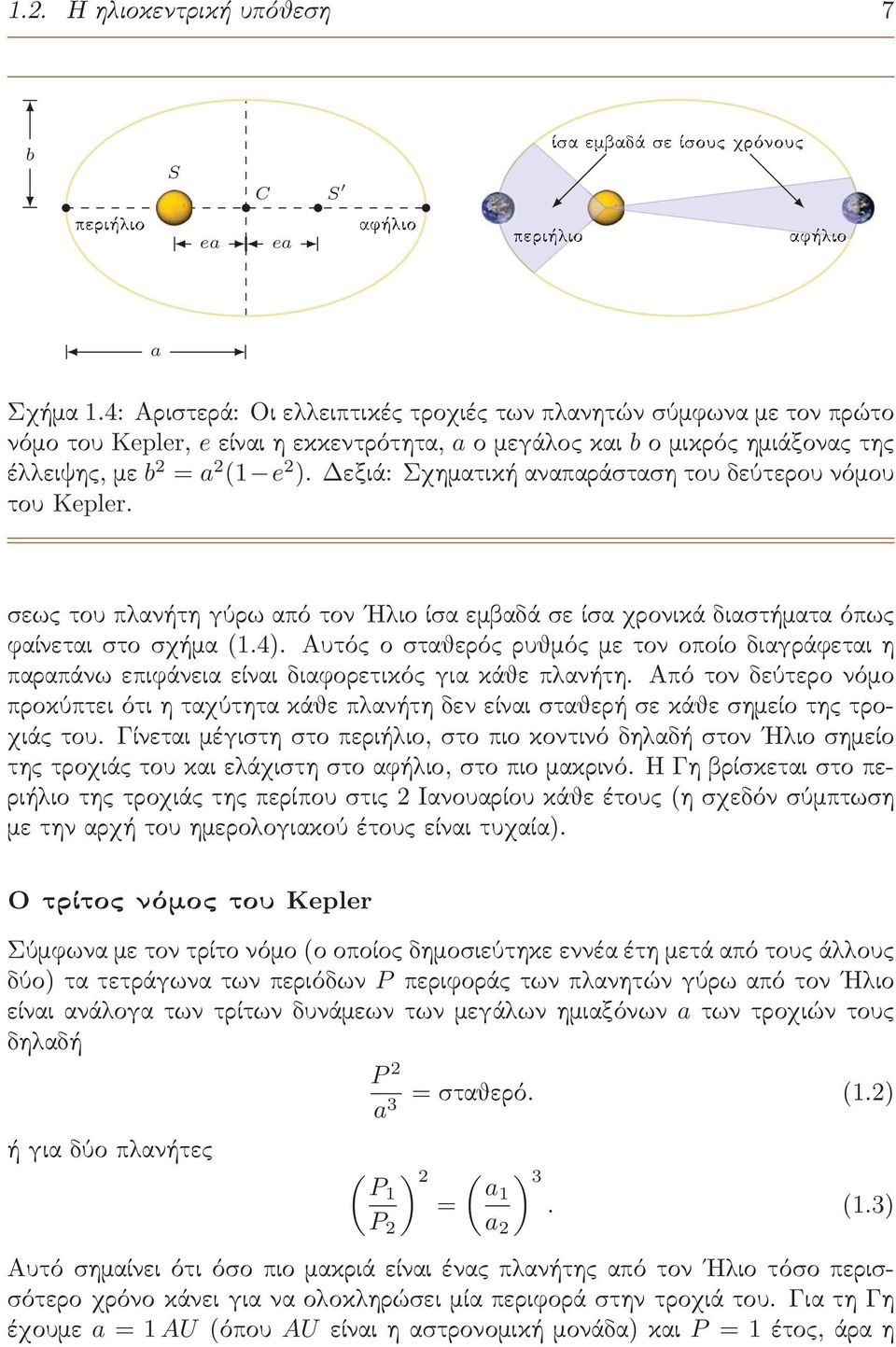 Δεξιά: Σχηματική αναπαράσταση του δεύτερου νόμου του Kepler. σεως του πλανήτη γύρω από τον Ηλιο ίσα εμβαδά σε ίσα χρονικά διαστήματα όπως φαίνεται στο σχήμα (1.4).