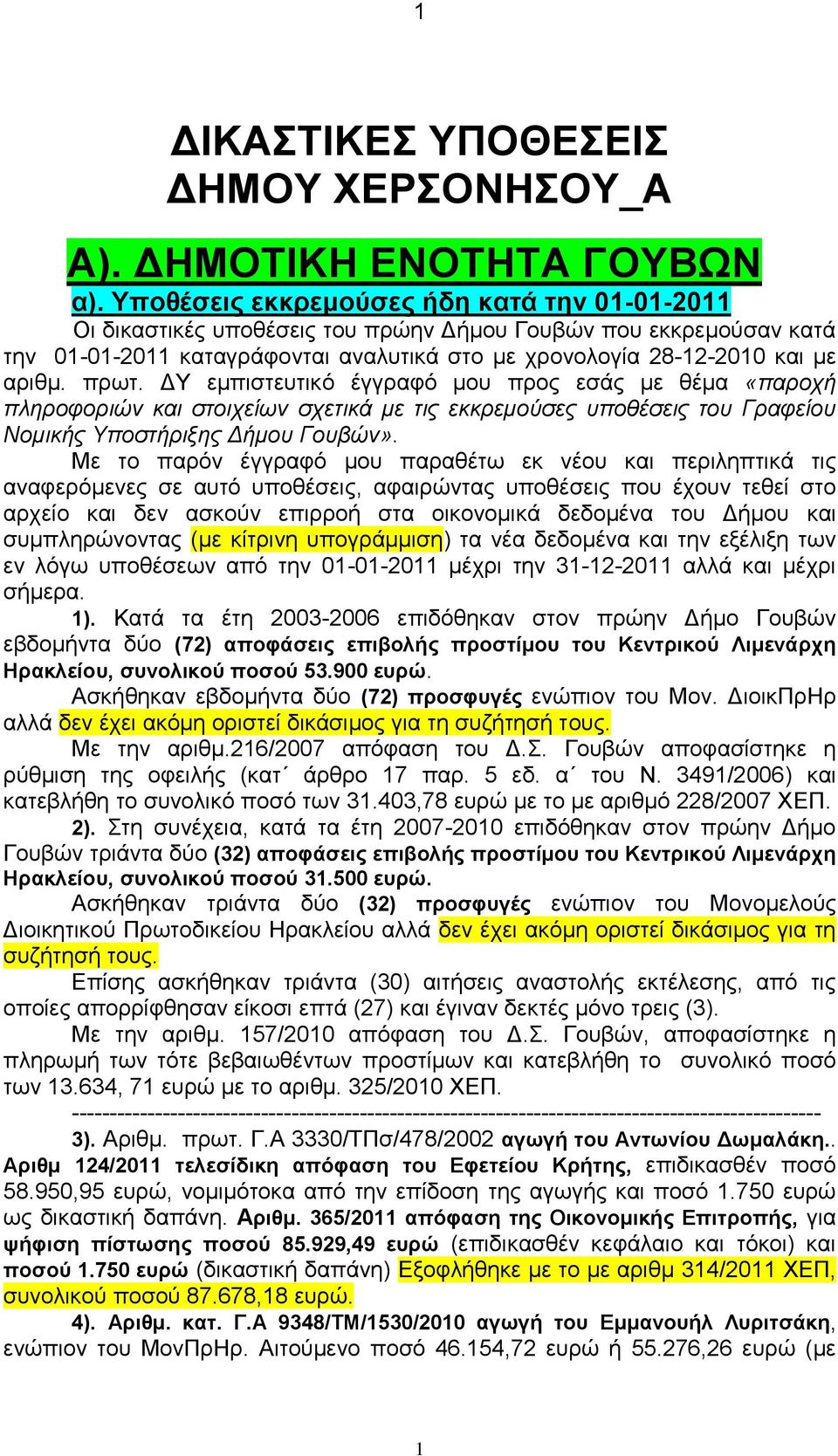 πρωτ. ΔΥ εμπιστευτικό έγγραφό μου προς εσάς με θέμα «παροχή πληροφοριών και στοιχείων σχετικά με τις εκκρεμούσες υποθέσεις του Γραφείου Νομικής Υποστήριξης Δήμου Γουβών».