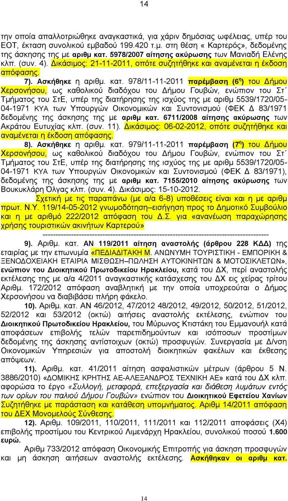 978/11-11-2011 παρέμβαση (6 η ) του Δήμου Χερσονήσου, ως καθολικού διαδόχου του Δήμου Γουβών, ενώπιον του Στ Τμήματος του ΣτΕ, υπέρ της διατήρησης της ισχύος της με αριθμ 5539/1720/05-04-1971 ΚΥΑ των