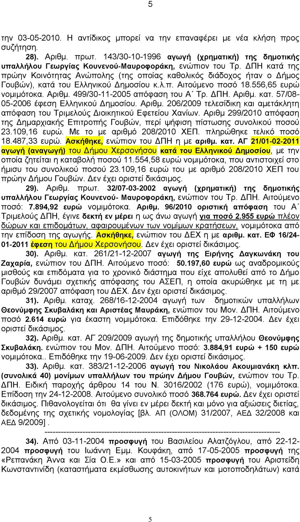 ΔΠΗ κατά της πρώην Κοινότητας Ανώπολης (της οποίας καθολικός διάδοχος ήταν ο Δήμος Γουβών), κατά του Ελληνικού Δημοσίου κ.λ.π. Αιτούμενο ποσό 18.556,65 ευρώ νομιμότοκα. Αριθμ.