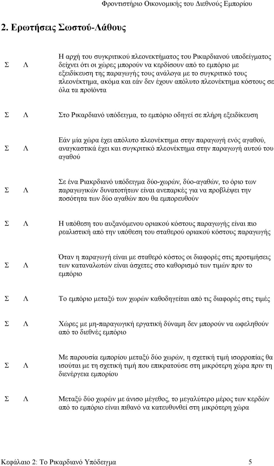 απόλυτο πλεονέκτημα στην παραγωγή ενός αγαθού, αναγκαστικά έχει και συγκριτικό πλεονέκτημα στην παραγωγή αυτού του αγαθού Σ Λ Σε ένα Ριακρδιανό υπόδειγμα δύο-χωρών, δύο-αγαθών, το όριο των