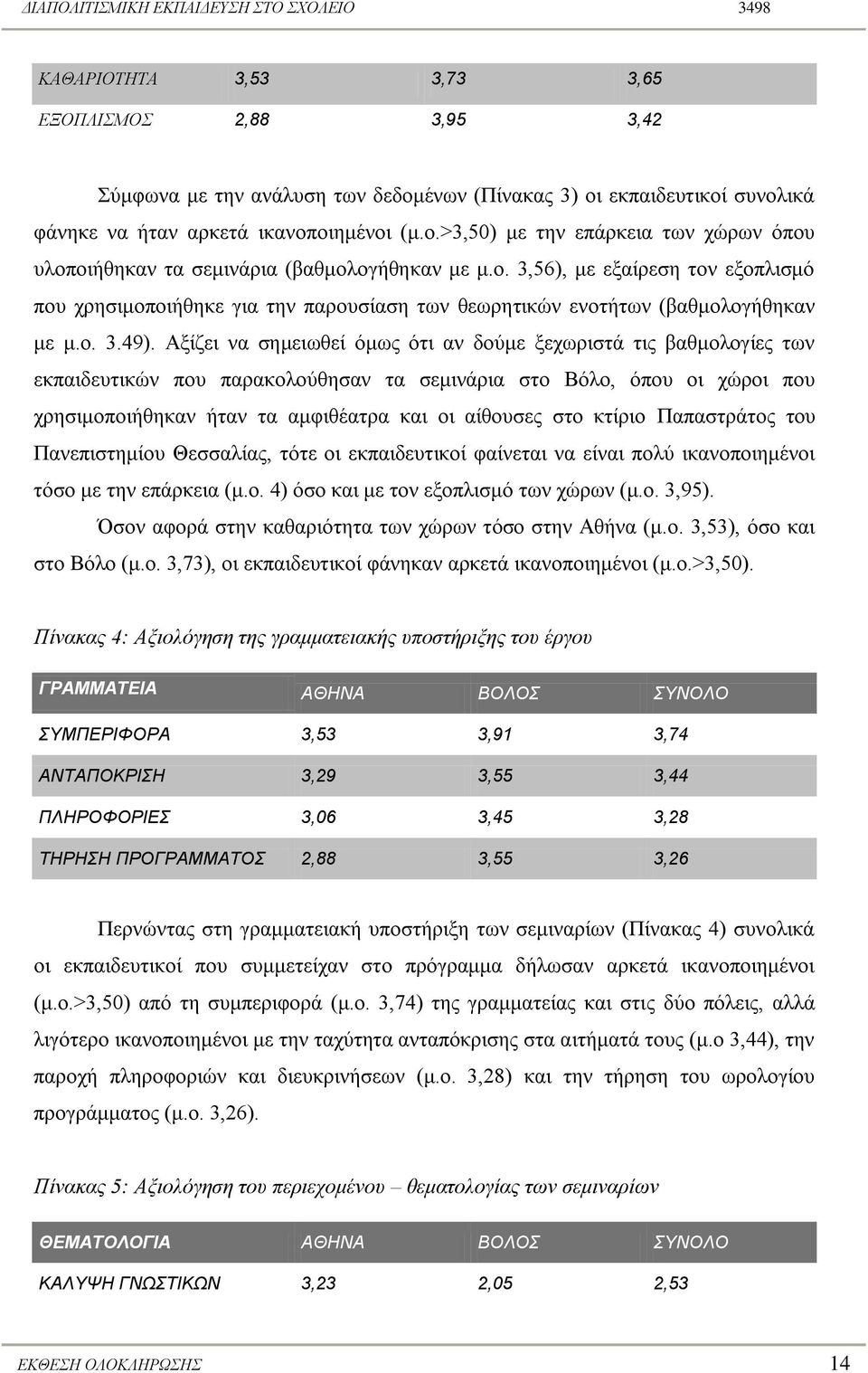 Αμίδεη λα ζεκεησζεί όκσο όηη αλ δνύκε μερσξηζηά ηηο βαζκνινγίεο ησλ εθπαηδεπηηθώλ πνπ παξαθνινύζεζαλ ηα ζεκηλάξηα ζην Βόιν, όπνπ νη ρώξνη πνπ ρξεζηκνπνηήζεθαλ ήηαλ ηα ακθηζέαηξα θαη νη αίζνπζεο ζην