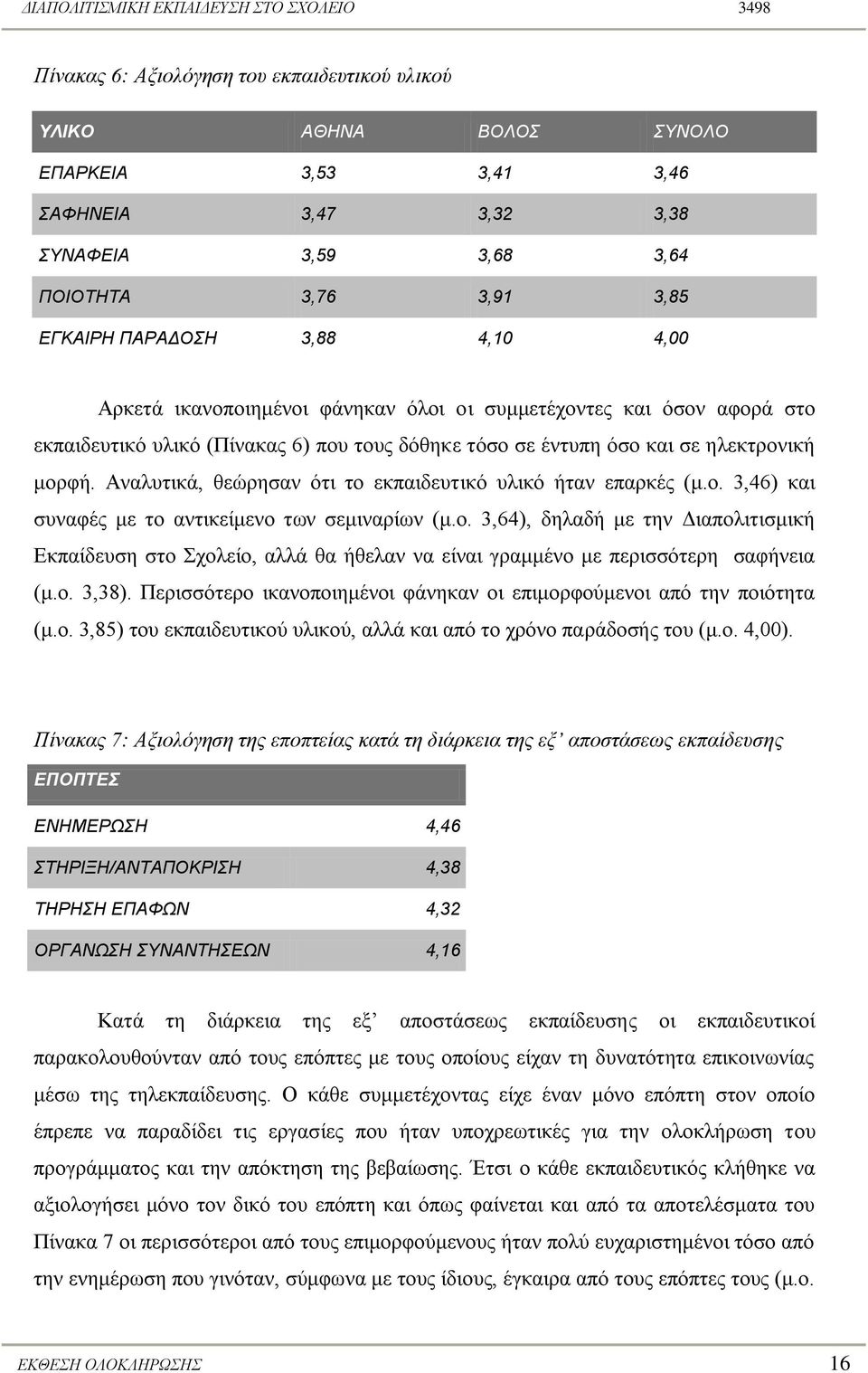 Αλαιπηηθά, ζεώξεζαλ όηη ην εθπαηδεπηηθό πιηθό ήηαλ επαξθέο (κ.ν. 3,46) θαη ζπλαθέο κε ην αληηθείκελν ησλ ζεκηλαξίσλ (κ.ν. 3,64), δειαδή κε ηελ Γηαπνιηηηζκηθή Δθπαίδεπζε ζην ρνιείν, αιιά ζα ήζειαλ λα είλαη γξακκέλν κε πεξηζζόηεξε ζαθήλεηα (κ.