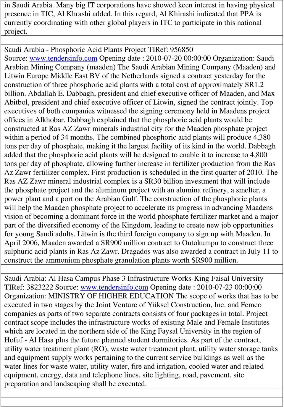 Saudi Arabia - Phosphoric Acid Plants Project TIRef: 956850 Source: www.tendersinfo.