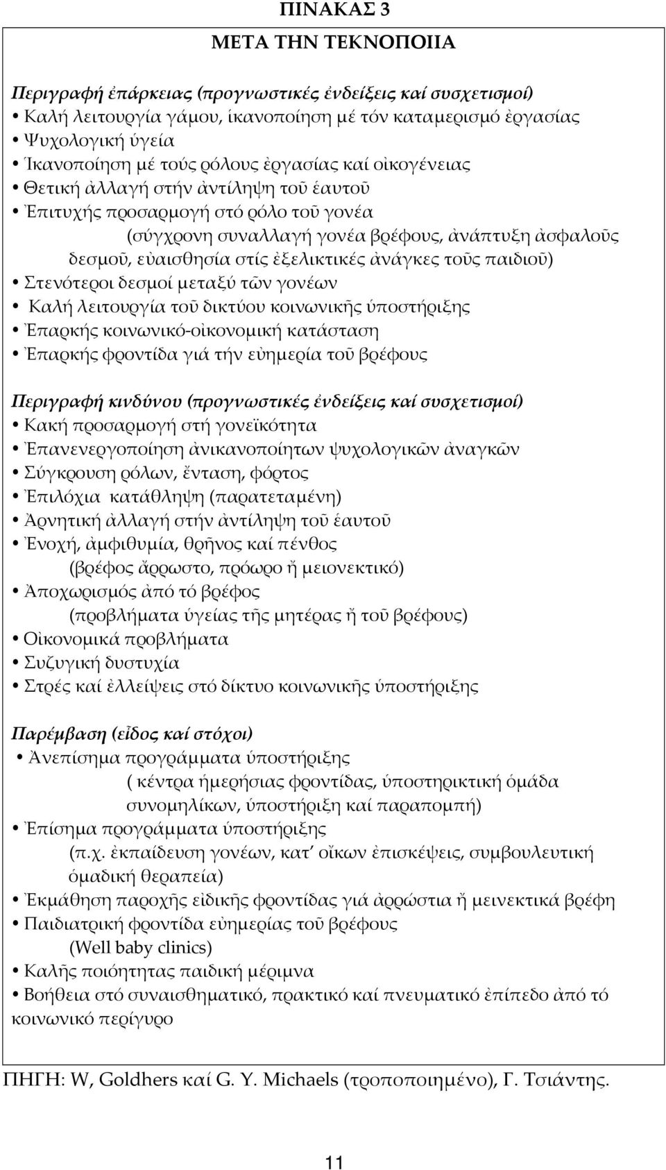 τοῦς παιδιοῦ) Στενότεροι δεσμοί μεταξύ τῶν γονέων Καλή λειτουργία τοῦ δικτύου κοινωνικῆς ὑποστήριξης Ἐπαρκής κοινωνικό-οἰκονομική κατάσταση Ἐπαρκής φροντίδα γιά τήν εὐημερία τοῦ βρέφους Περιγραφή