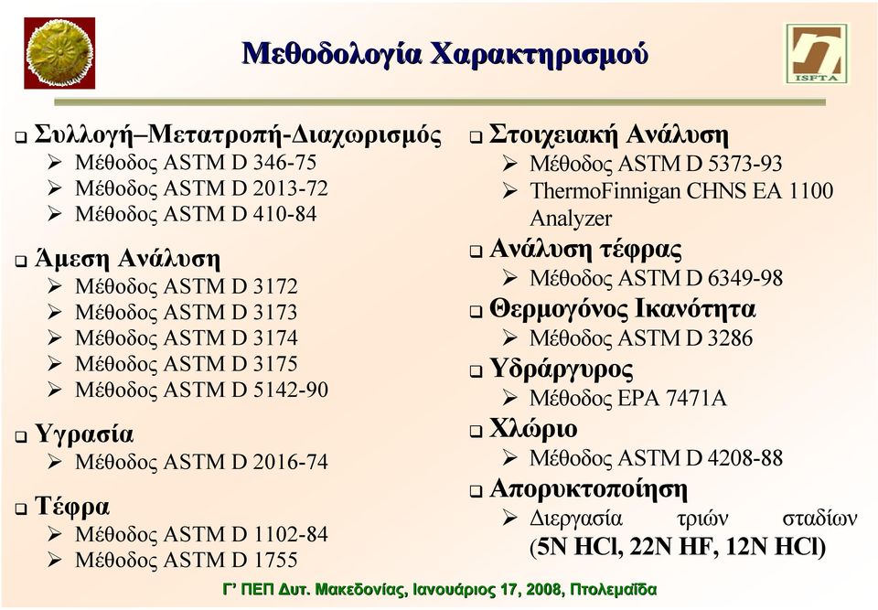 Μέθοδος ASTM D 1755 Στοιχειακή Ανάλυση Μέθοδος ASTM D 5373-93 ThermoFinnigan CHNS EA 11 Analyzer Ανάλυση τέφρας Μέθοδος ASTM D 6349-98 Θερµογόνος