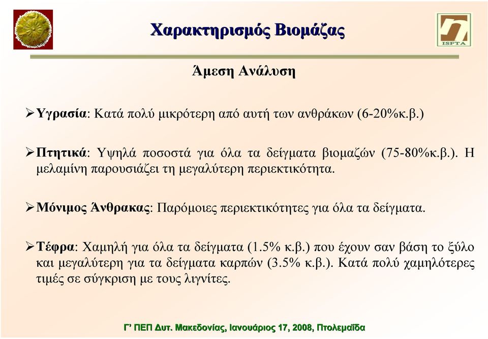 Μόνιµος Άνθρακας: Παρόµοιες περιεκτικότητες για όλα τα δείγµατα. Τέφρα: Χαµηλή για όλα τα δείγµατα (1.5% κ.β.