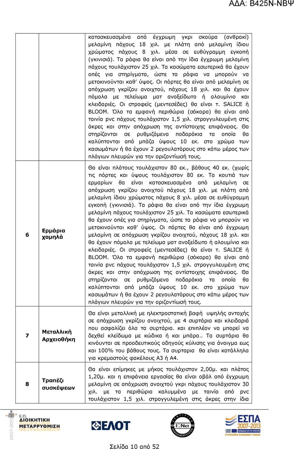 Τα κασώµατα εσωτερικά θα έχουν οπές για στηρίγµατα, ώστε τα ράφια να µπορούν να µετακινούνται καθ ύψος. Οι πόρτες θα είναι από µελαµίνη σε απόχρωση γκρίζου ανοιχτού, πάχους 18 χιλ.