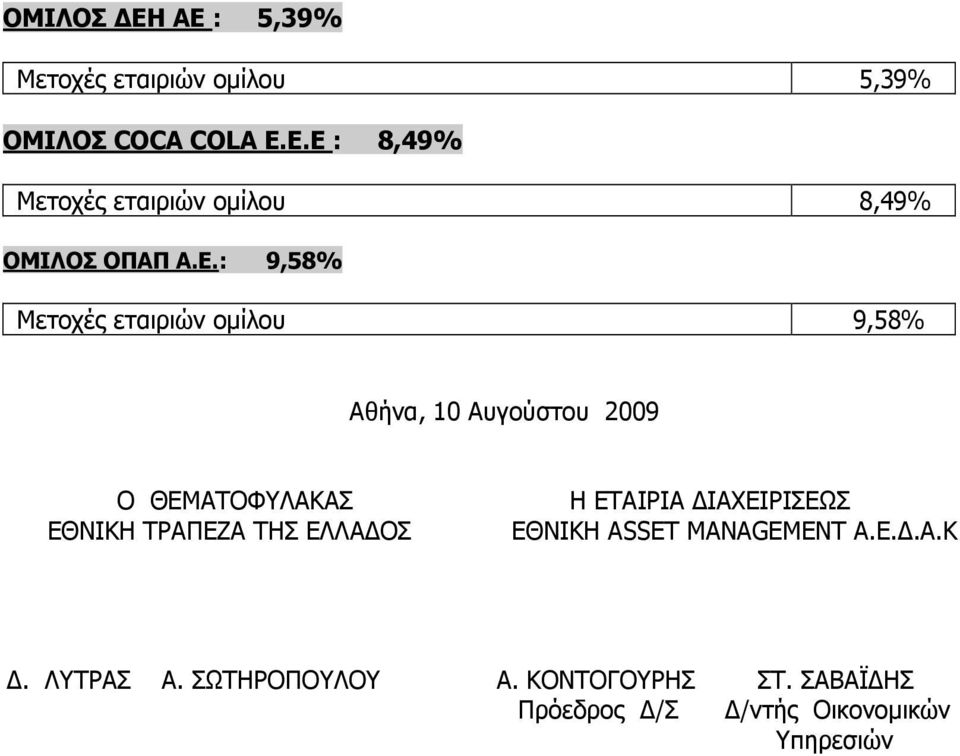 : 9,58% Μετοχές εταιριών οµίλου 9,58% Αθήνα, 10 Αυγούστου 2009 Ο ΘΕΜΑΤΟΦΥΛΑΚΑΣ ΕΘΝΙΚΗ ΤΡΑΠΕΖΑ