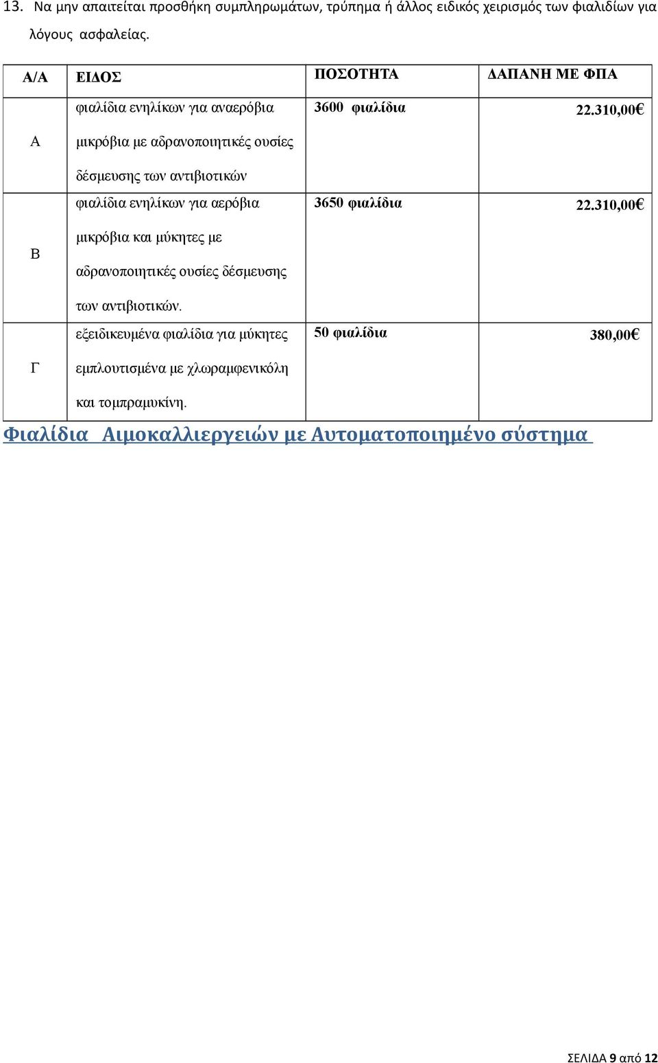 310,00 Α μικρόβια με αδρανοποιητικές ουσίες δέσμευσης των αντιβιοτικών φιαλίδια ενηλίκων για αερόβια 3650 φιαλίδια 22.