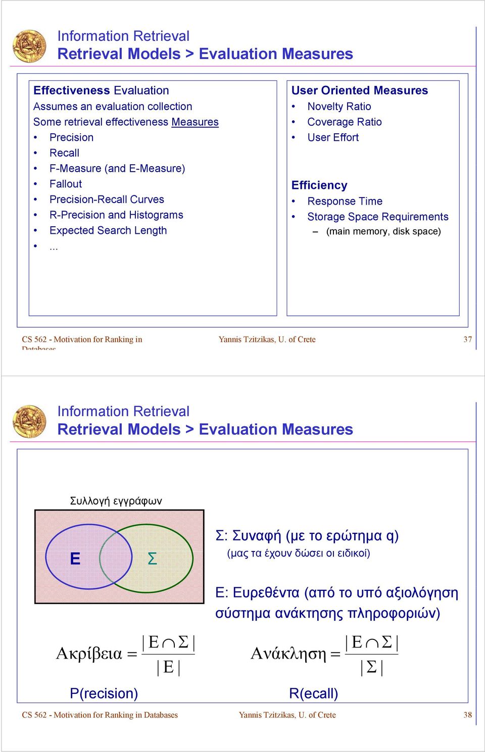 .. User Oriented Measures Novelty Ratio Coverage Ratio User Effort Efficiency Response Time Storage Space Requirements (main memory, disk space) CS 562 - Motivation for Ranking in Databases Yannis