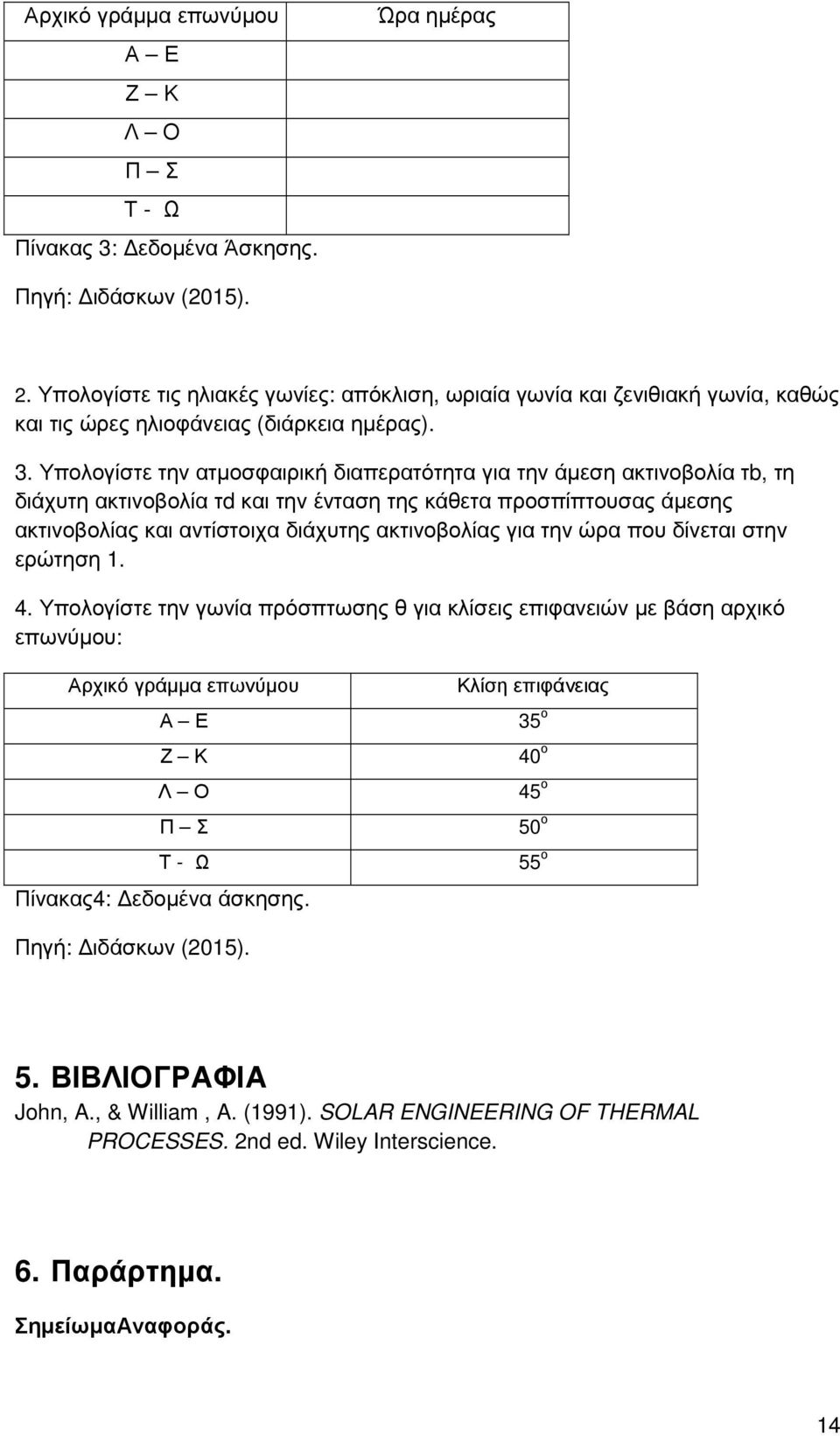 Υπολογίστε την ατµοσφαιρική διαπερατότητα για την άµεση ακτινοβολία τb, τη διάχυτη ακτινοβολία τd και την ένταση της κάθετα προσπίπτουσας άµεσης ακτινοβολίας και αντίστοιχα διάχυτης ακτινοβολίας για