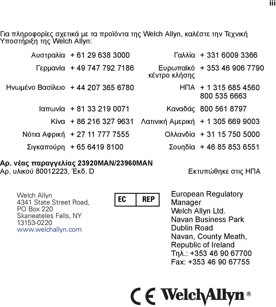 9003 Νότια Αφρική + 27 11 777 7555 Ολλανδία + 31 15 750 5000 Σιγκαπούρη + 65 6419 8100 Σουηδία + 46 85 853 6551 Αρ. νέας παραγγελίας 23920MAN/23960MAN Αρ. υλικού 80012223, Έκδ.