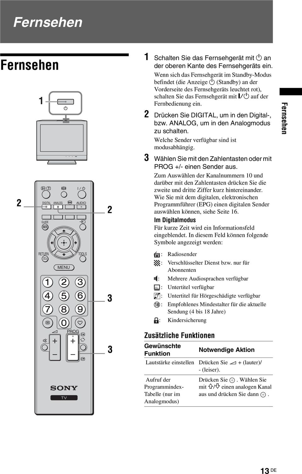 2 Drücken Sie DIGITAL, um in den Digital-, bzw. ANALOG, um in den Analogmodus zu schalten. Welche Sender verfügbar sind ist modusabhängig.