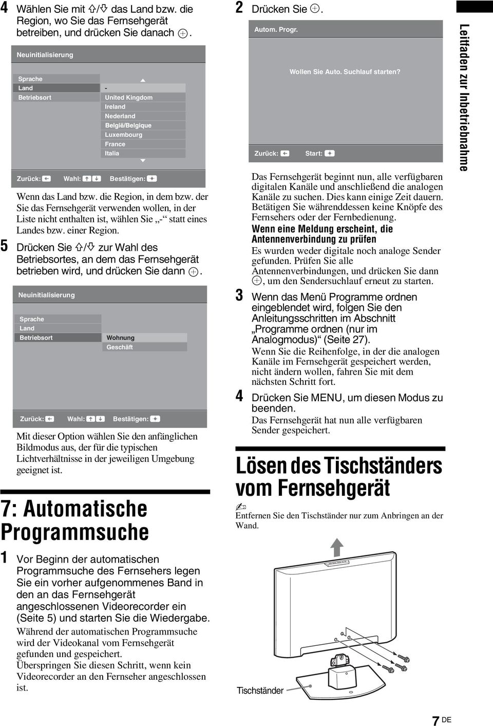 5 Drücken Sie F/f zur Wahl des Betriebsortes, an dem das Fernsehgerät betrieben wird, und drücken Sie dann.