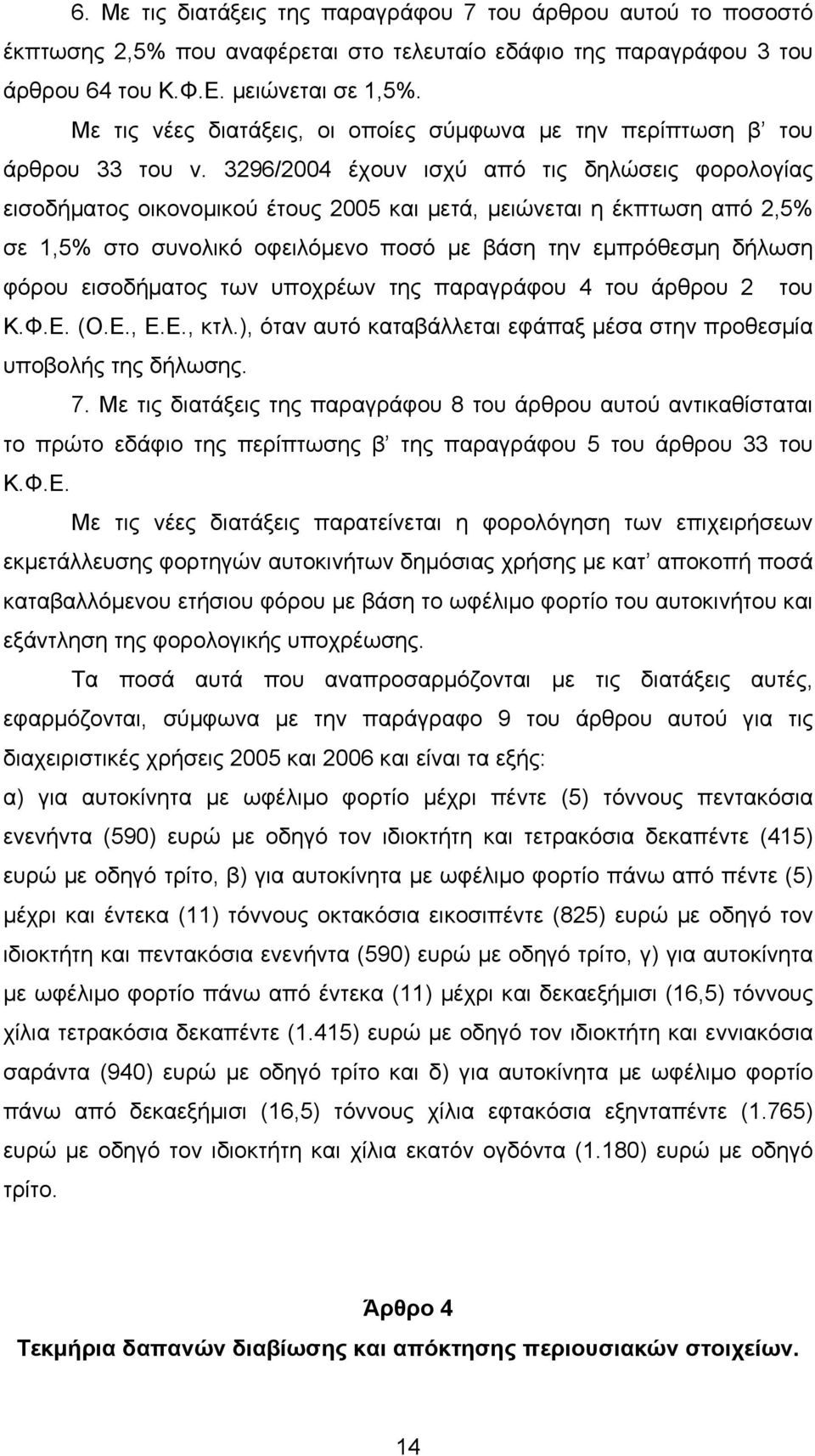 3296/2004 έχουν ισχύ από τις δηλώσεις φορολογίας εισοδήµατος οικονοµικού έτους 2005 και µετά, µειώνεται η έκπτωση από 2,5% σε 1,5% στο συνολικό οφειλόµενο ποσό µε βάση την εµπρόθεσµη δήλωση φόρου