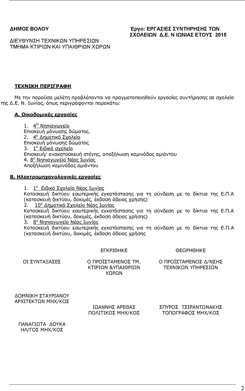 1 ο Ειδικό ζσολείο Επιζκεςή/ ανακαηαζκεςή ζηέγηρ, αποξήλωζη καμινάδαρ αμιάνηος 4. 8 ο Νηπιαγωγείο Νέαρ Ιωνίαρ Αποξήλωζη καμινάδαρ αμιάνηος Β. Ηλεκηρομηχανολογικές εργαζίες 1.