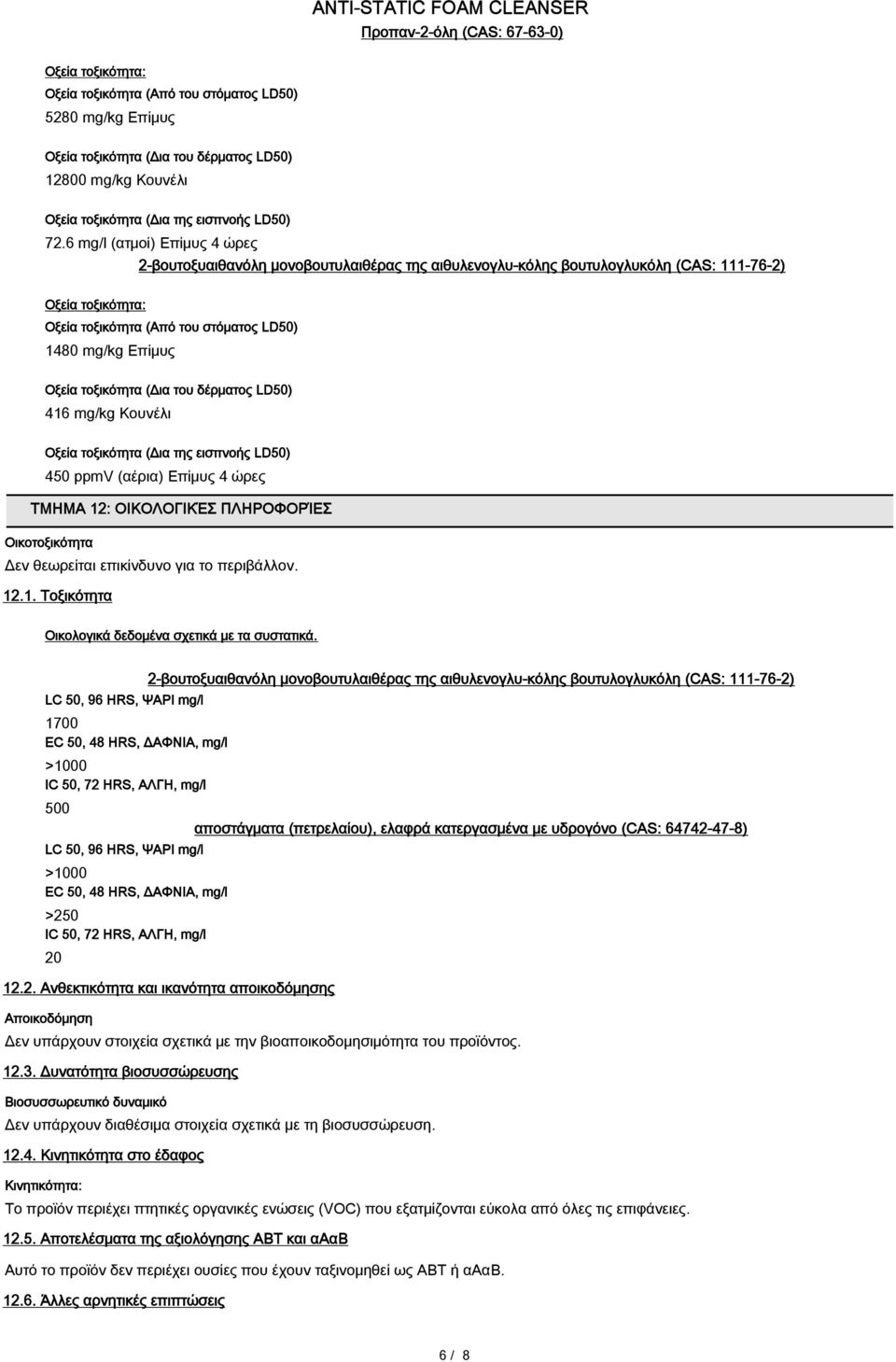 6 mg/l (ατμοί) Επίμυς 4 ώρες 2-βουτοξυαιθανόλη µονοβουτυλαιθέρας της αιθυλενογλυ-κόλης βουτυλογλυκόλη (CAS: 111-76-2) Οξεία τοξικότητα: Οξεία τοξικότητα (Από του στόματος LD50) 1480 mg/kg Επίμυς