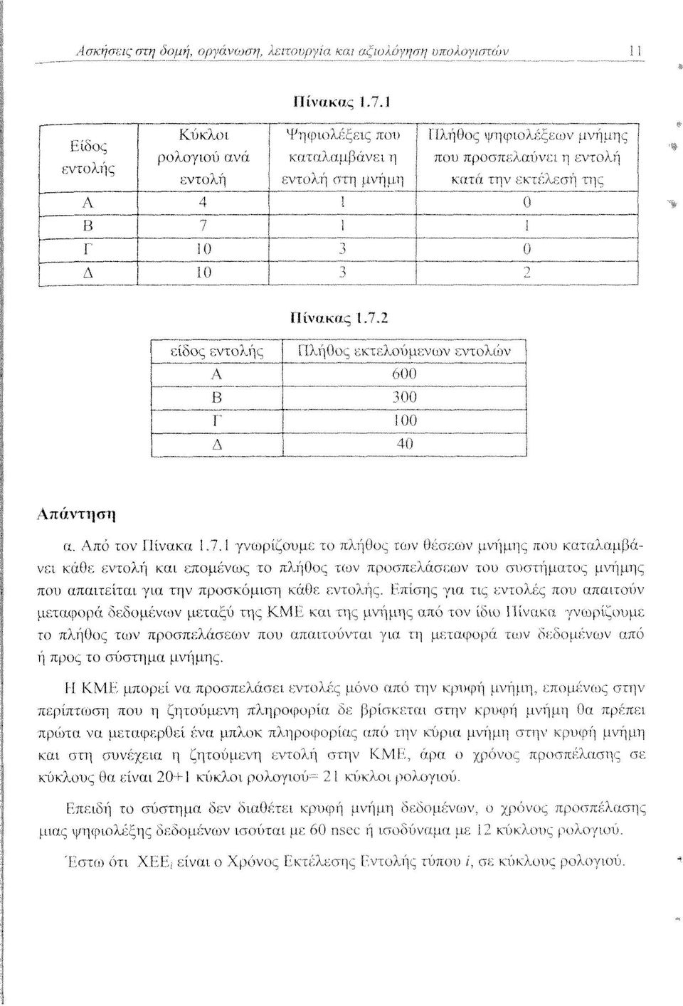 Πίνακας 1.7.2 είδος εντολής Πλήθος εκτελούμενων εντολών Α 600 Β 300 Γ 100 Δ 40 Απάντηση α. Από τον Πίνακα 1.7.1 γνωρίζουμε το πλήθος ίων θέσεων μνήμης που καταλαμβάνει κάθε εντολή και επομένως το πλήθος των προσπελάσεων του συστήματος μνήμης που απαιτείται για την προσκόμιση κάθε εντολής.