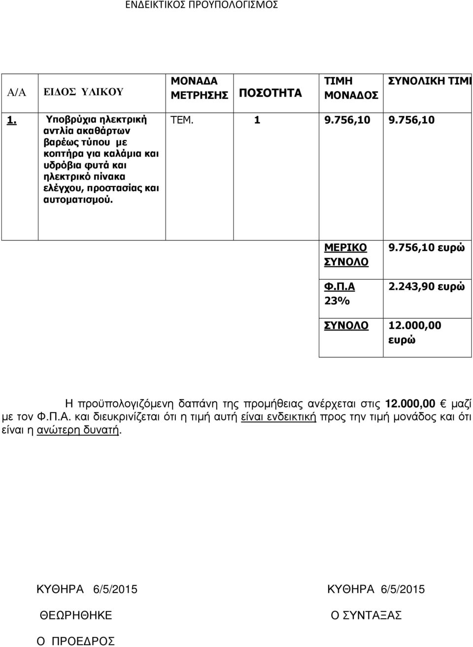 ΤΕΜ. 1 9.756,10 9.756,10 ΜΕΡΙΚΟ ΣΥΝΟΛΟ Φ.Π.Α 23% 9.756,10 ευρώ 2.243,90 ευρώ ΣΥΝΟΛΟ 12.