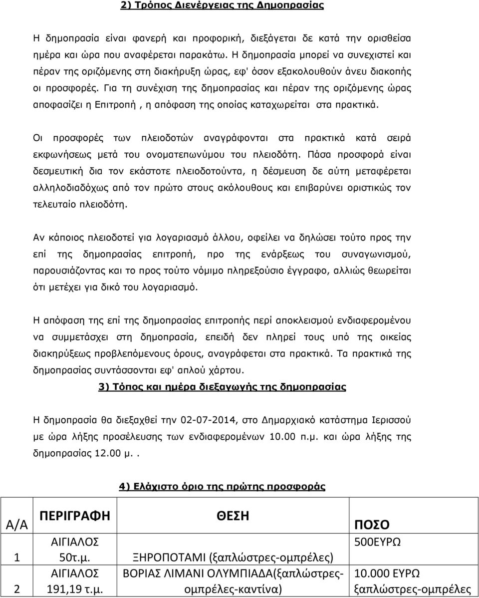 Για τη συνέχιση της δηµοπρασίας και πέραν της οριζόµενης ώρας αποφασίζει η Επιτροπή, η απόφαση της οποίας καταχωρείται στα πρακτικά.