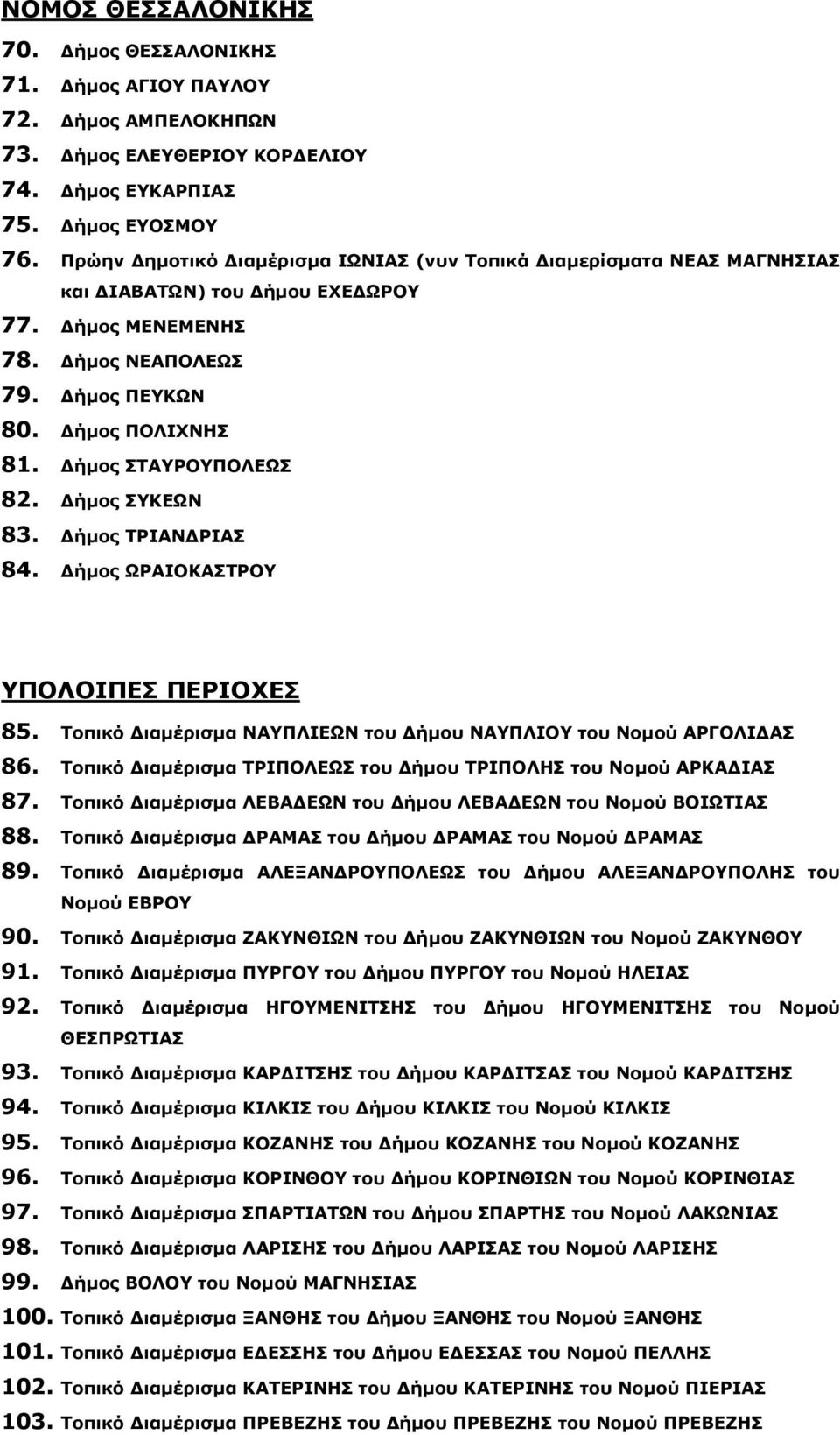 ήµος ΣΥΚΕΩΝ 83. ήµος ΤΡΙΑΝ ΡΙΑΣ 84. ήµος ΩΡΑΙΟΚΑΣΤΡΟΥ ΥΠΟΛΟΙΠΕΣ ΠΕΡΙΟΧΕΣ 85. Τοπικό ιαµέρισµα ΝΑΥΠΛΙΕΩΝ του ήµου ΝΑΥΠΛΙΟΥ του Νοµού ΑΡΓΟΛΙ ΑΣ 86.