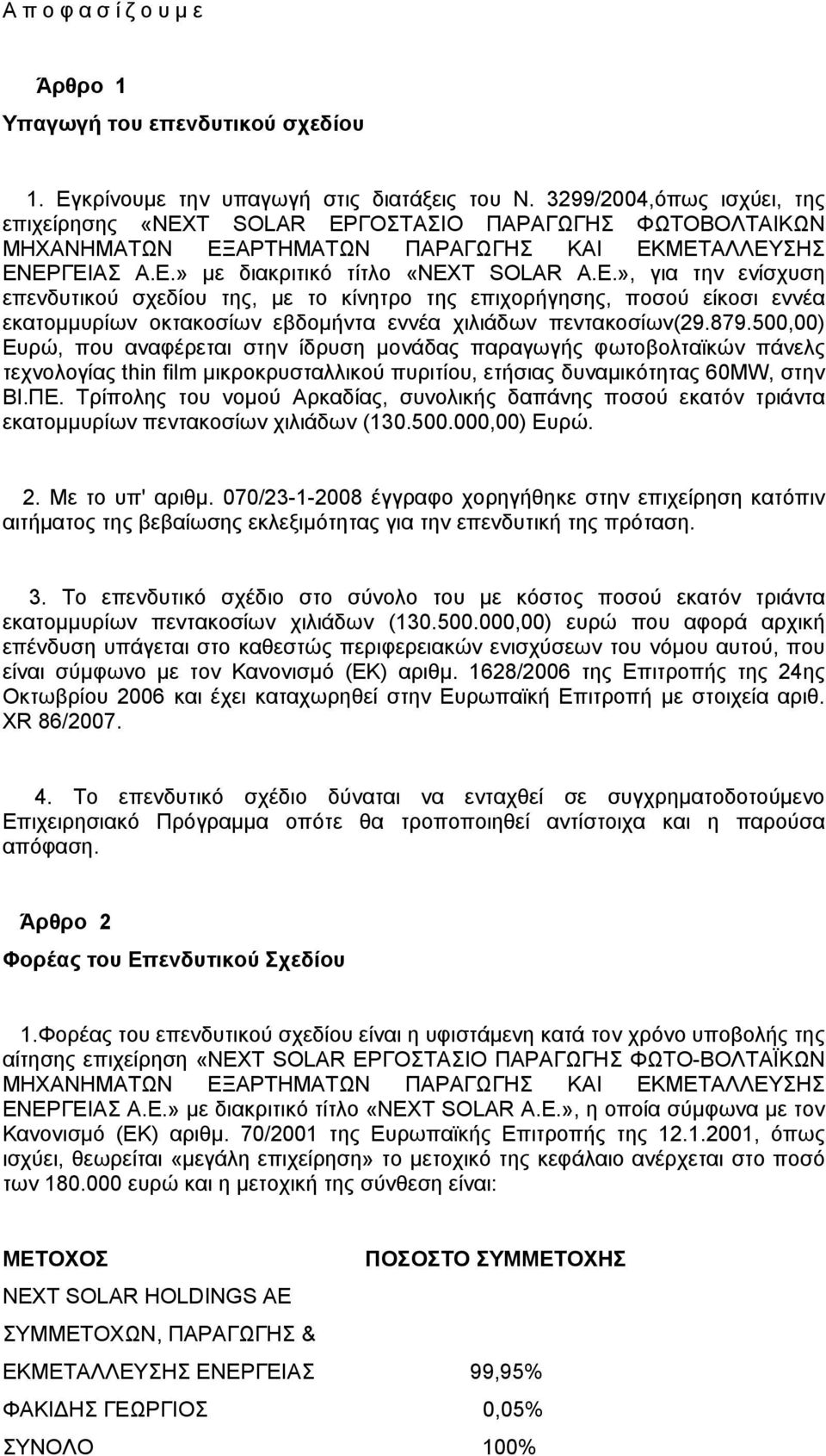 Τ SOLAR ΕΡΓΟΣΤΑΣΙΟ ΠΑΡΑΓΩΓΗΣ ΦΩΤΟΒΟΛΤΑΙΚΩΝ ΜΗΧΑΝΗΜΑΤΩΝ ΕΞΑΡΤΗΜΑΤΩΝ ΠΑΡΑΓΩΓΗΣ ΚΑΙ ΕΚΜΕΤΑΛΛΕΥΣΗΣ ΕΝΕΡΓΕΙΑΣ Α.Ε.» με διακριτικό τίτλο «ΝΕΧΤ SOLAR Α.Ε.», για την ενίσχυση επενδυτικού σχεδίου της, με το κίνητρο της επιχορήγησης, ποσού είκοσι εννέα εκατομμυρίων οκτακοσίων εβδομήντα εννέα χιλιάδων πεντακοσίων(29.