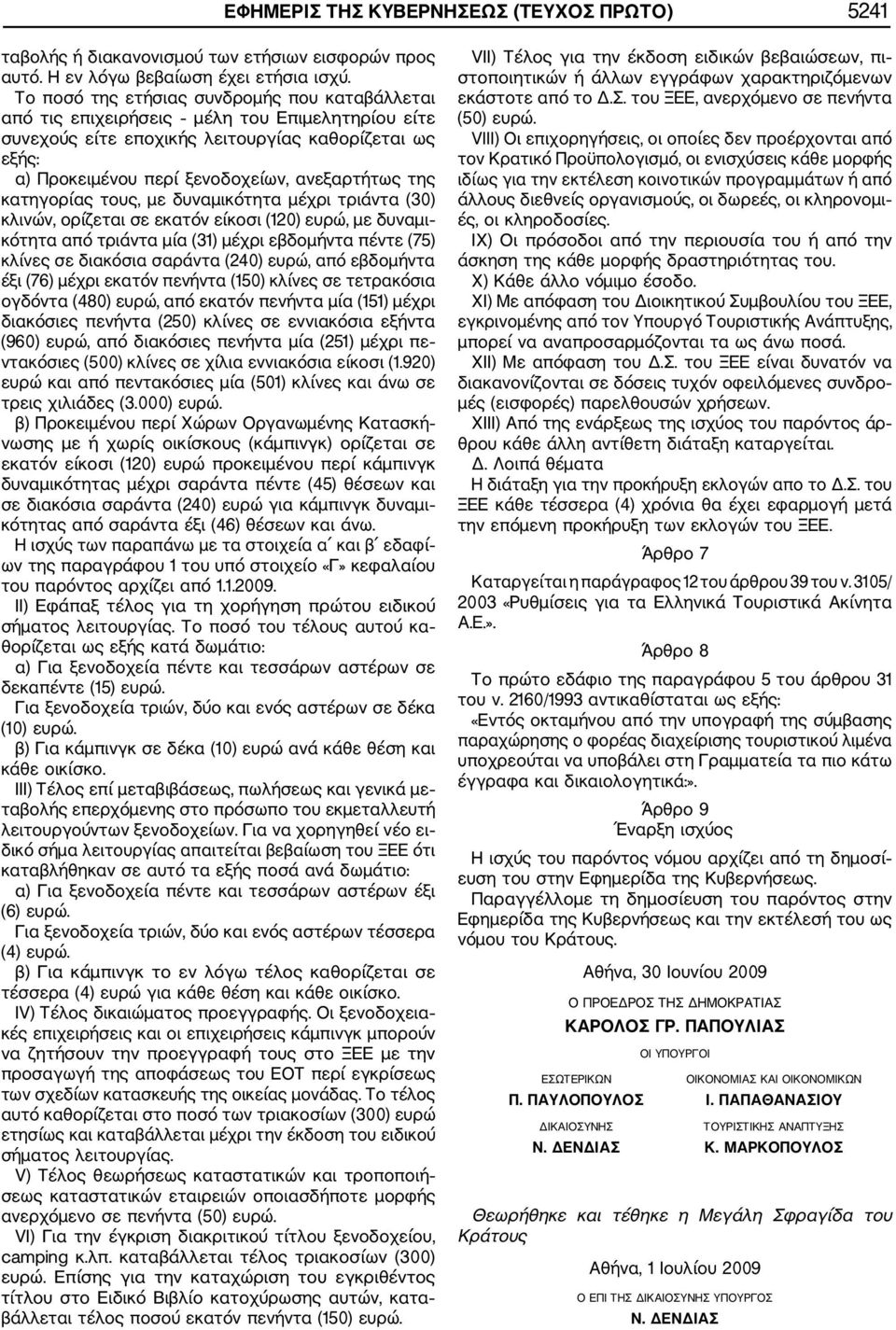 της κατηγορίας τους, με δυναμικότητα μέχρι τριάντα (30) κλινών, ορίζεται σε εκατόν είκοσι (120) ευρώ, με δυναμι κότητα από τριάντα μία (31) μέχρι εβδομήντα πέντε (75) κλίνες σε διακόσια σαράντα (240)