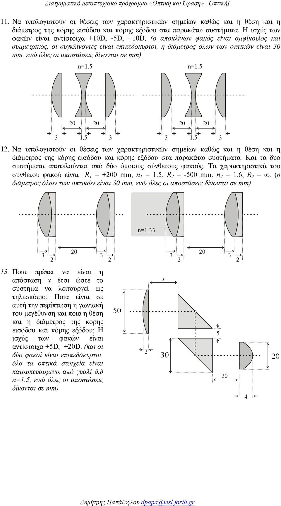 (ο αποκλίνων φακός είναι αµφίκοιλος και συµµετρικός, οι συγκλίνοντες είναι επιπεδόκυρτοι, η διάµετρος όλων των οπτικών είναι 30 mm, ενώ όλες οι αποστάσεις δίνονται σε mm) 3 1.5 3 3 1.5 3 1.