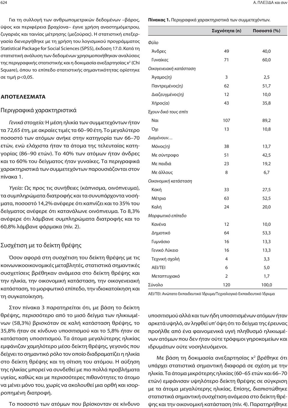 Κατά τη στατιστική ανάλυση των δεδομένων χρησιμοποιήθηκαν αναλύσεις της περιγραφικής στατιστικής και η δοκιμασία ανεξαρτησίας x 2 (Chi Square), όπου το επίπεδο στατιστικής σημαντικότητας ορίστηκε σε