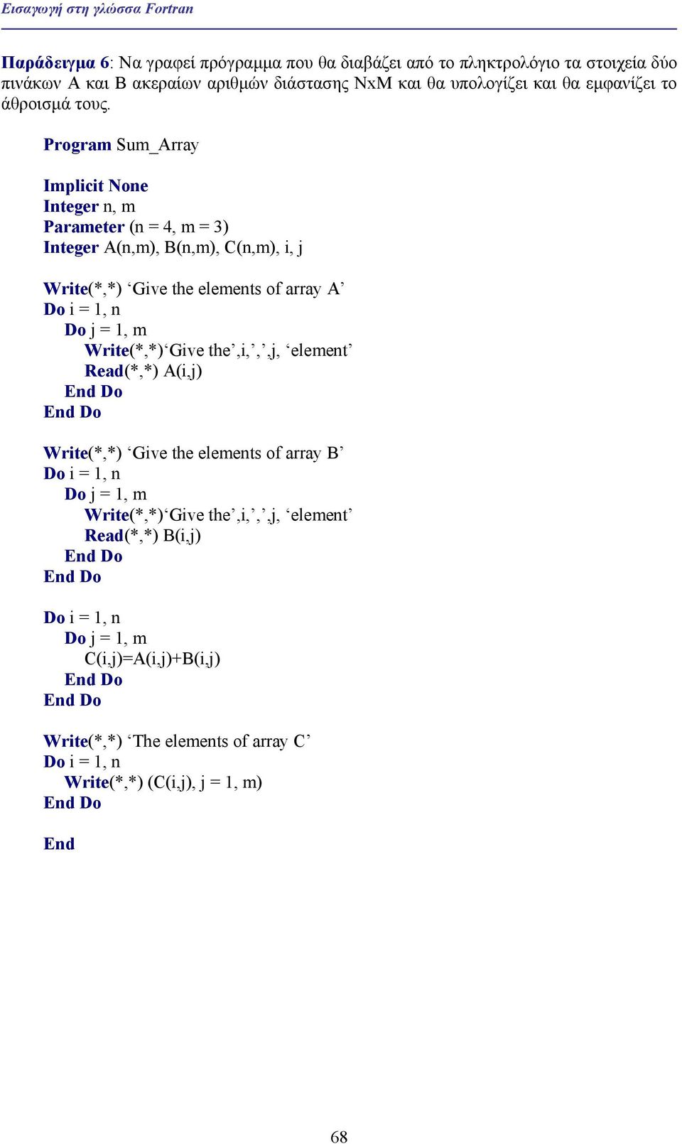 Program Sum_Array Implicit None Integer n, m Parameter (n = 4, m = 3) (n,m), B(n,m), C(n,m), i, j Write(*,*) Give the elements of array A Do j = 1, m