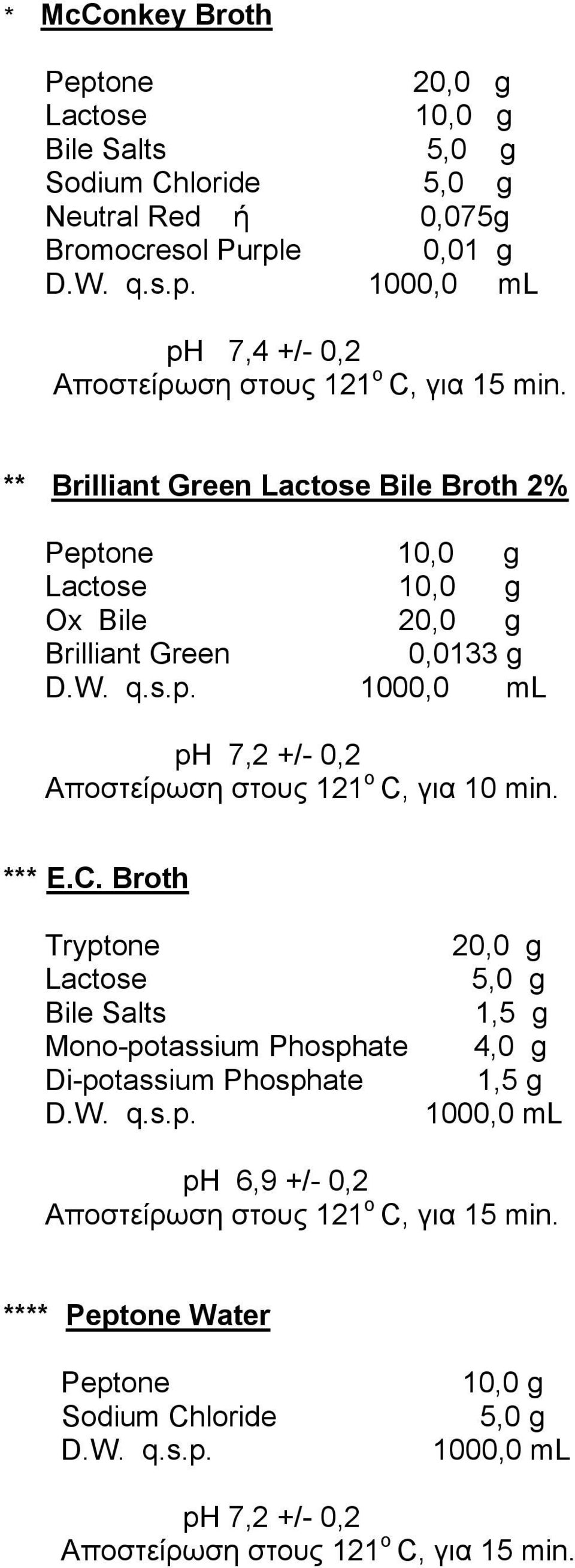*** E.C. Broth Tryptone Lactose Bile Salts Mono-potassium Phosphate Di-potassium Phosphate D.W. q.s.p. 20,0 g 5,0 g 1,5 g 4,0 g 1,5 g 1000,0 ml ph 6,9 +/- 0,2 Αποστείρωση στους 121 o C, για 15 min.