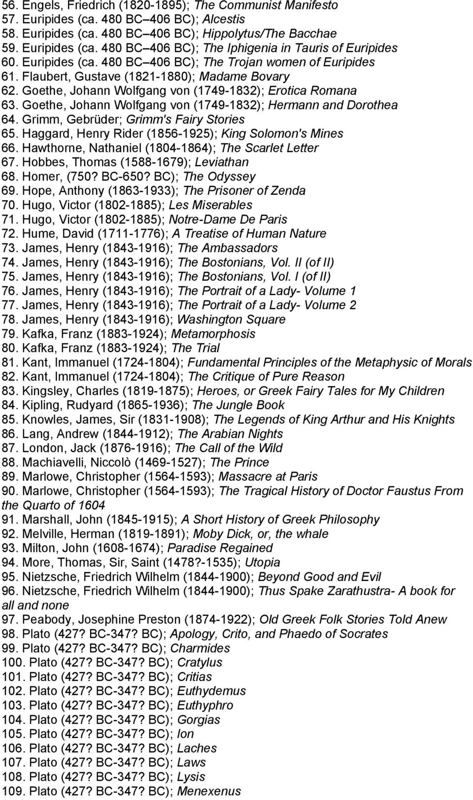 Goethe, Johann Wolfgang von (1749-1832); Hermann and Dorothea 64. Grimm, Gebrüder; Grimm's Fairy Stories 65. Haggard, Henry Rider (1856-1925); King Solomon's Mines 66.