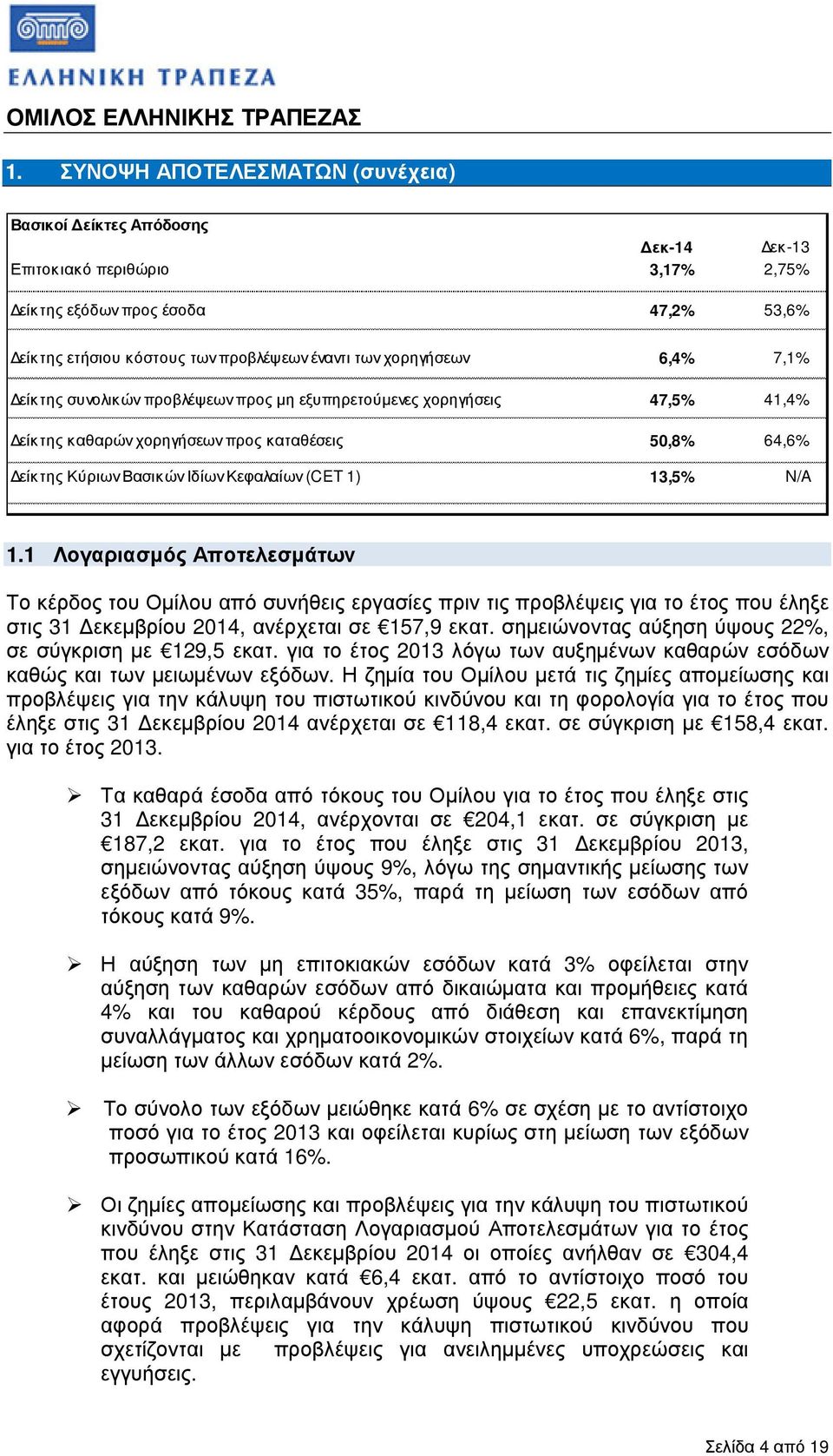 6,4% 7,1% είκτης συνολικών προβλέψεων προς µη εξυπηρετούµενες χορηγήσεις 47,5% 41,4% είκτης καθαρών χορηγήσεων προς καταθέσεις 50,8% 64,6% είκτης Κύριων Βασικών Ιδίων Κεφαλαίων (CET 1) 13,5% N/A 1.